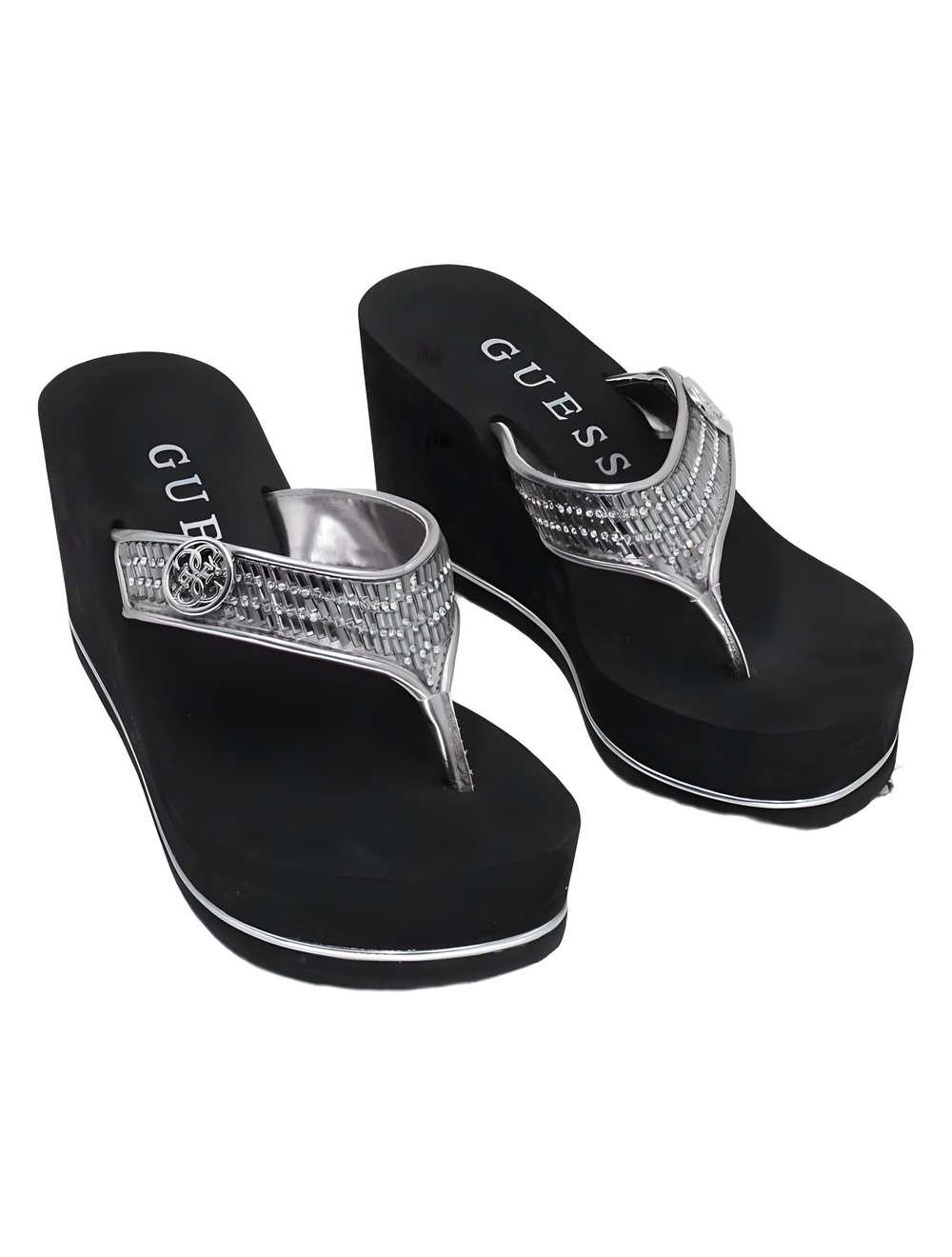 GUESS Sarraly Pewter Multi Rhinestone Disco Platform Wedge Sandals Size 6M